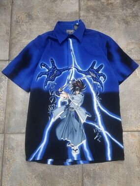 Vintage Y2K Authentic Shaolin Boy's 8 Small Anime Manga Button Up Shirt